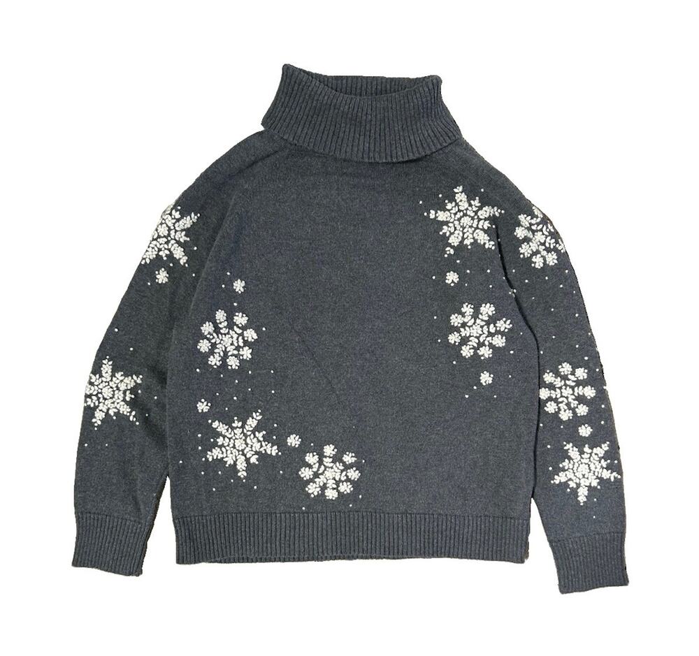 Eddie Bauer VTG Embroidered Snowflake Turtleneck Sweater Gray Women’s Size PL